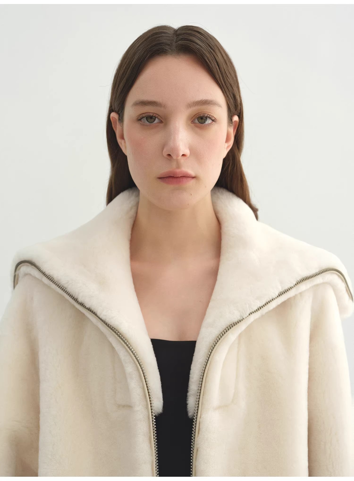 Fireladyfur Women's Shearling Leather Coat | Short Navy Collar Merino Wool Blend“Butter Crisp”