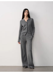 "Lazy urban" Yangtze Merino wool polo-neck cardigan straight-leg knitted pants suit