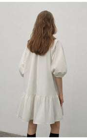 "Dream Island" Hepburn style white dress temperament high-end puff sleeve dress for women