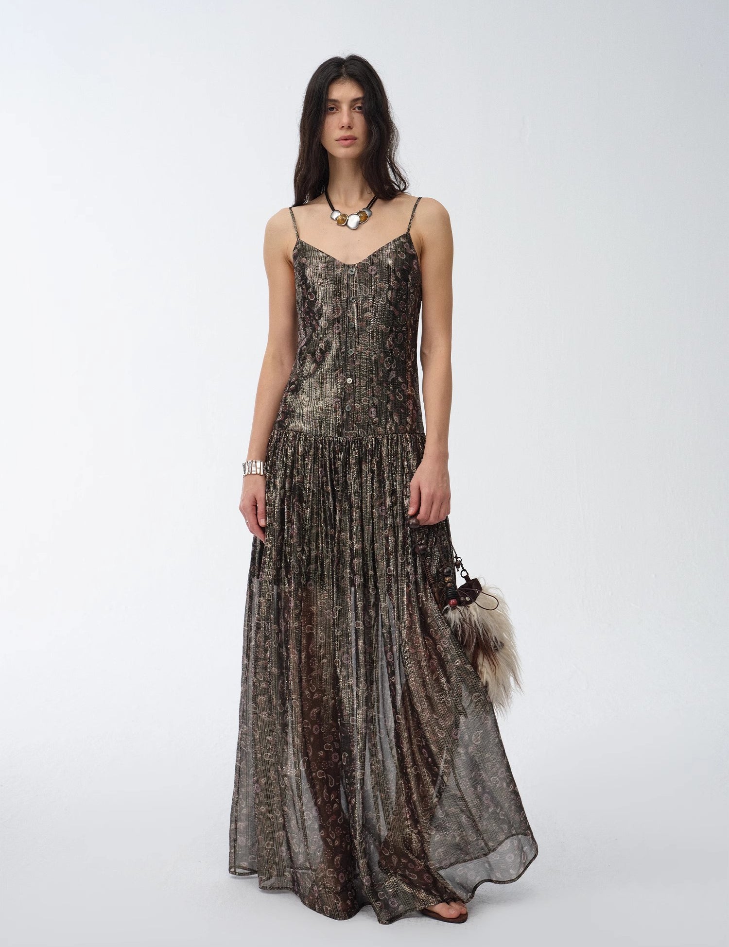 Retro Paisley Print Silk Holiday Sling Dress"Floating Lights"