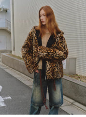 "Leopard Fantasy" Leopard Spot Print Reversible Drop Shoulder Hooded Custom Rabbit Fur Coat