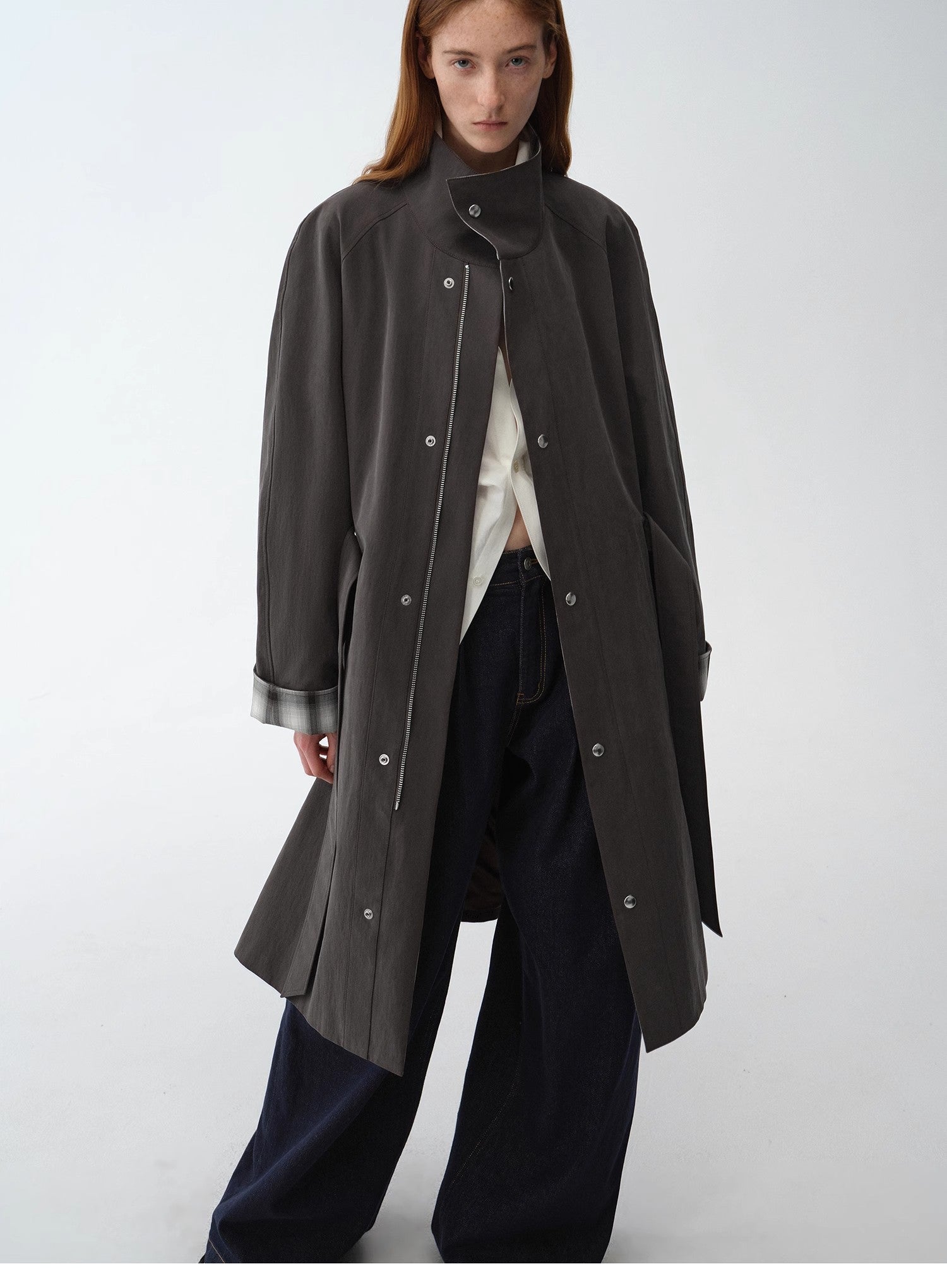 "Urban Island" Retro Plaid Mid-Length Workwear Lapel Trench Coat