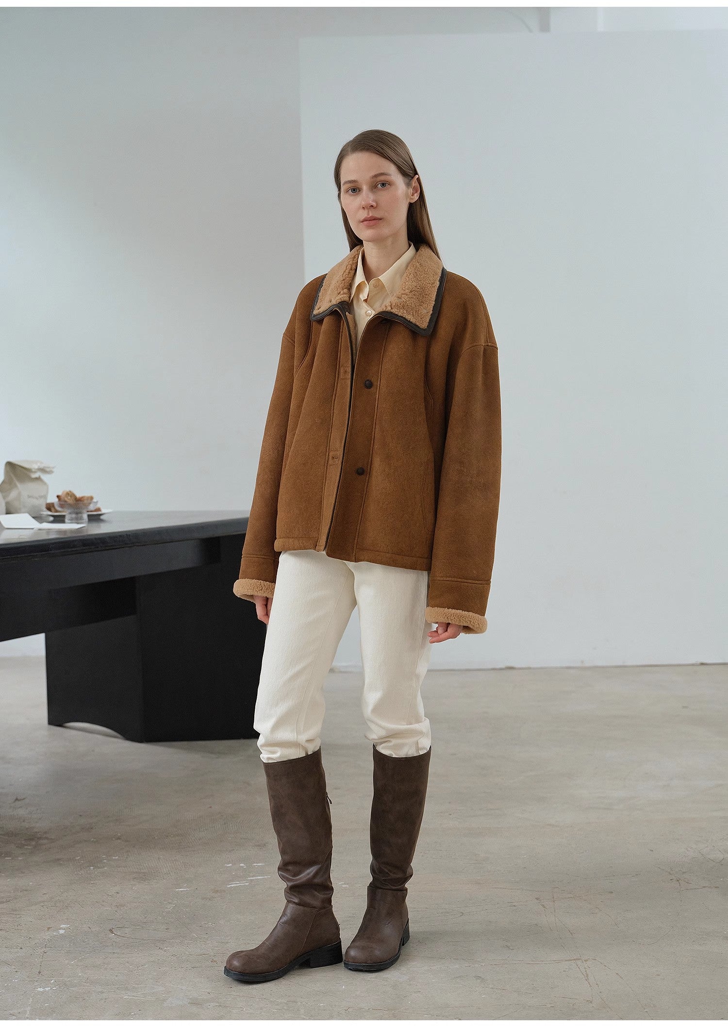 "Knight's Contract" Merino wool sheepskin coat with fur-faced stand-up collar