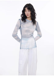 Smudge-printed mesh slightly see-through long-sleeved T-shirt for women