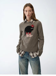 "Bra Anne" Superfine Merino Wool Cotton Blend Animal Jacquard Round Neck Sweater for Women