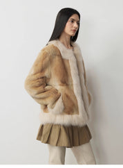 "Casual Gene" Wide Shoulder Straight Fit Blue Mink Fur Patchwork with Contrasting Fox Fur Coat for Women