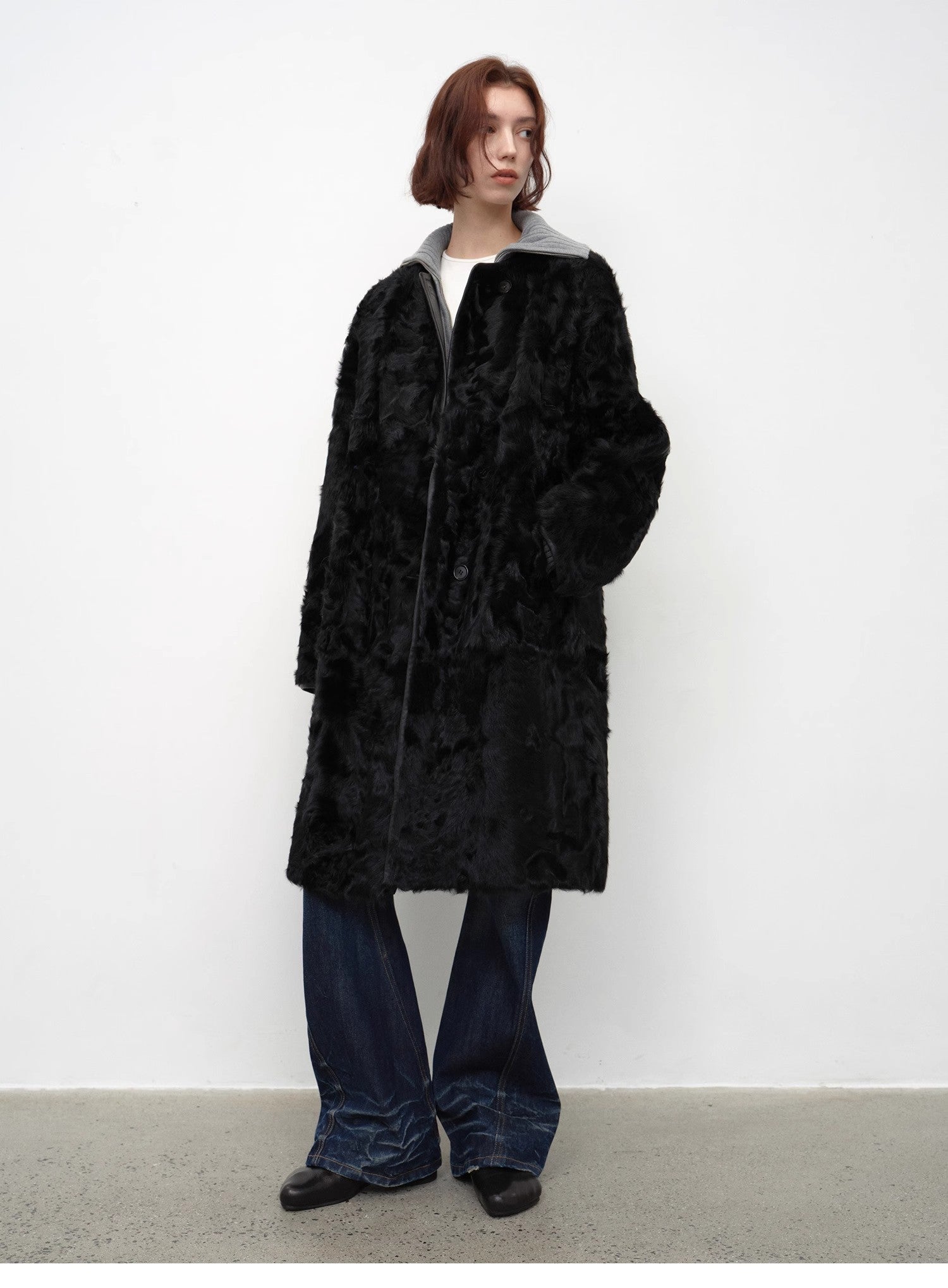 "Roman Theater" sheepskin fur one-piece long round neck straight fur coat for women winter