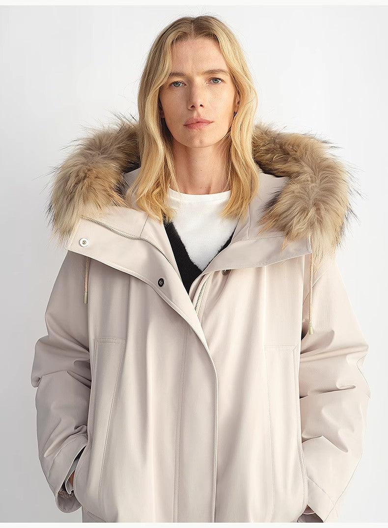 Removable raccoon fur collar 90 white velvet parka women's double zipper coat