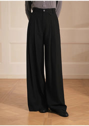 Merino wool blended double pleated wide-leg pants for women, versatile, drapey and comfortable casual trousers