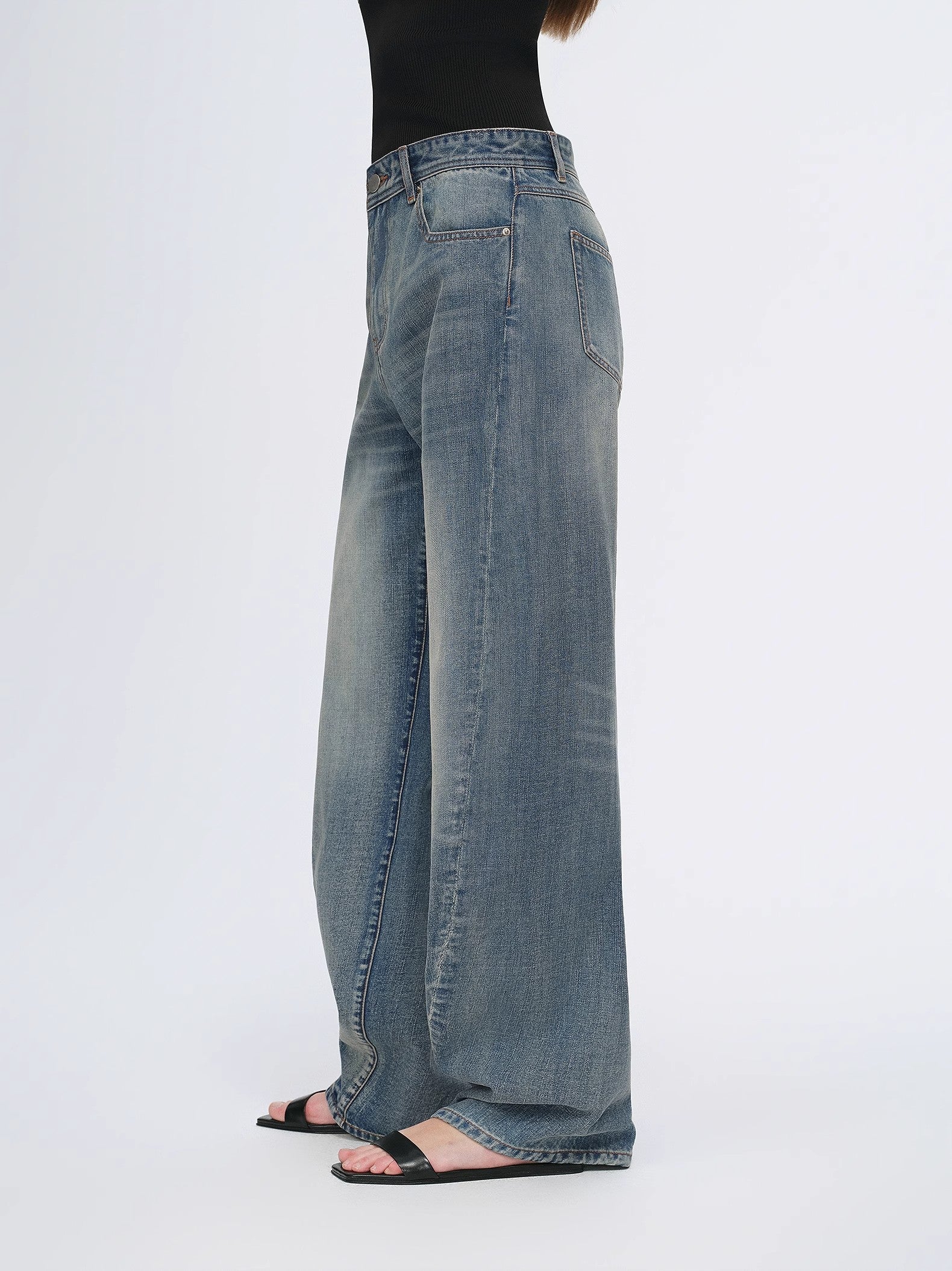 Vintage heavy cotton polyester blended washed comfortable slim front curved jeans
