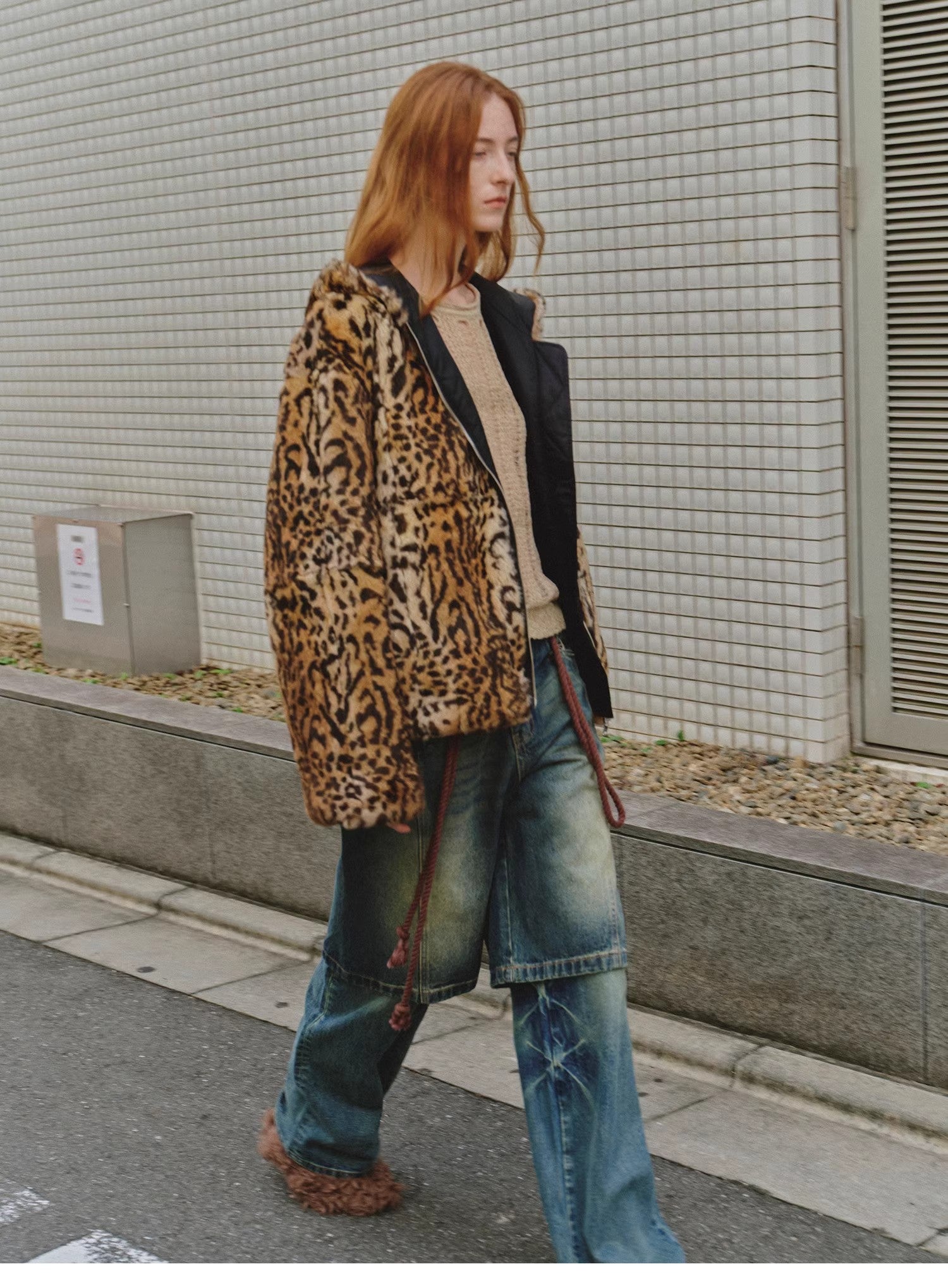 "Leopard Fantasy" Leopard Spot Print Reversible Drop Shoulder Hooded Custom Rabbit Fur Coat