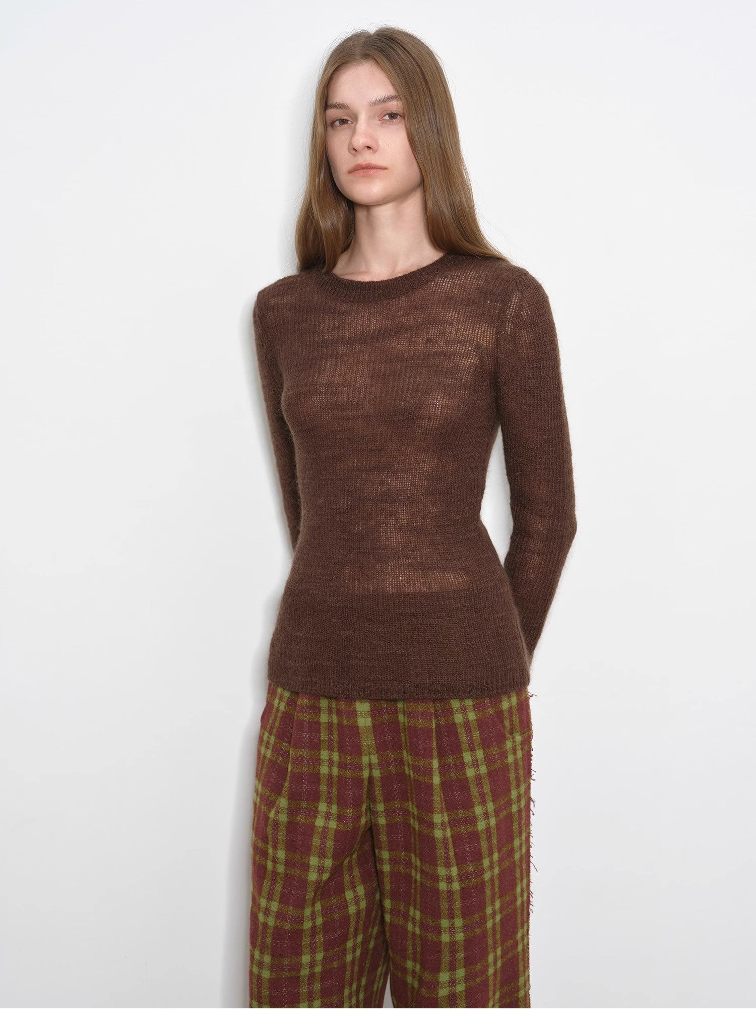 "Lazy Day Essential" Textured Mohair Blend Round Neck Stretch Knit Base Layer for Fall/Winter Women