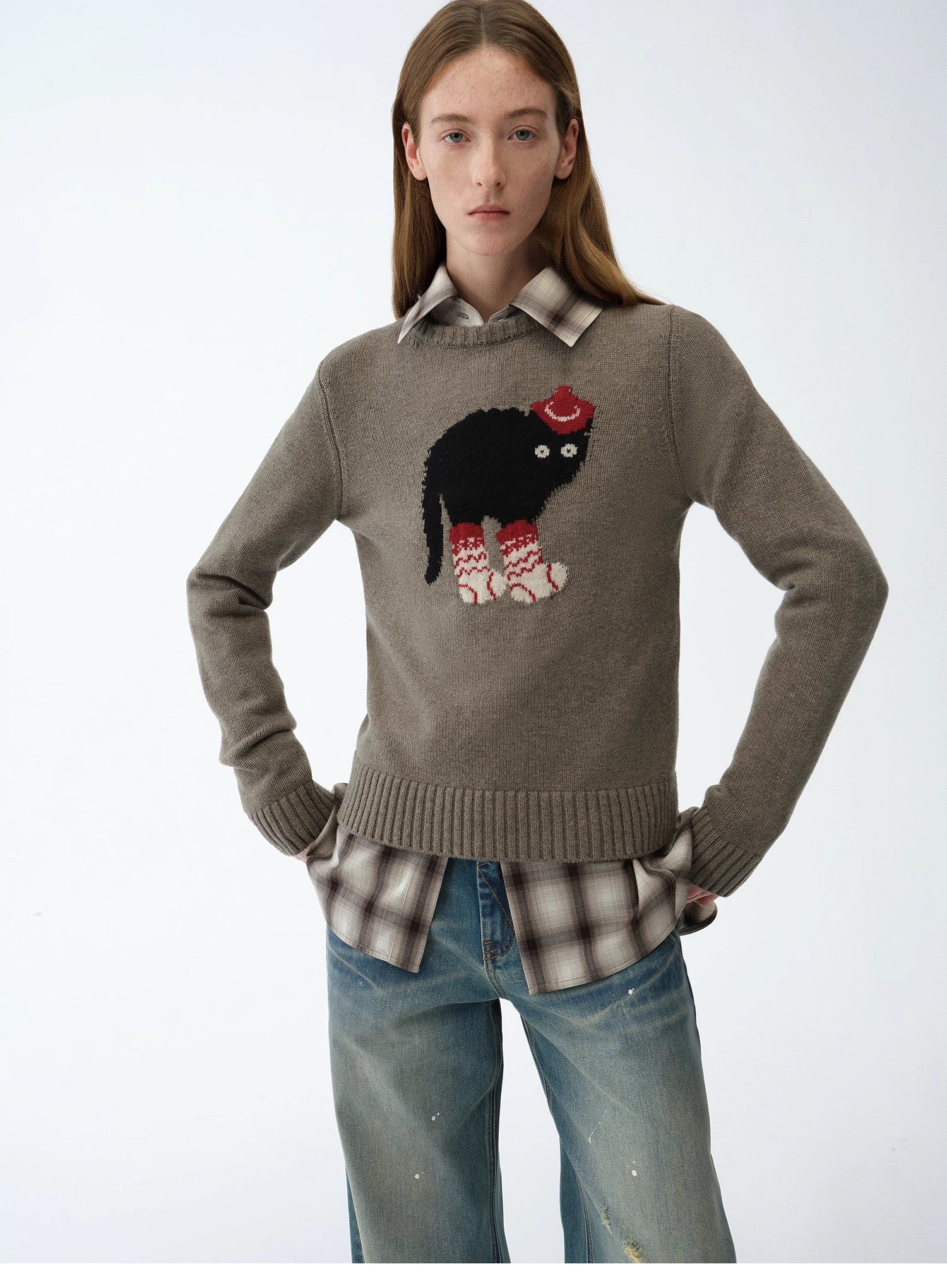 "Bra Anne" Superfine Merino Wool Cotton Blend Animal Jacquard Round Neck Sweater for Women