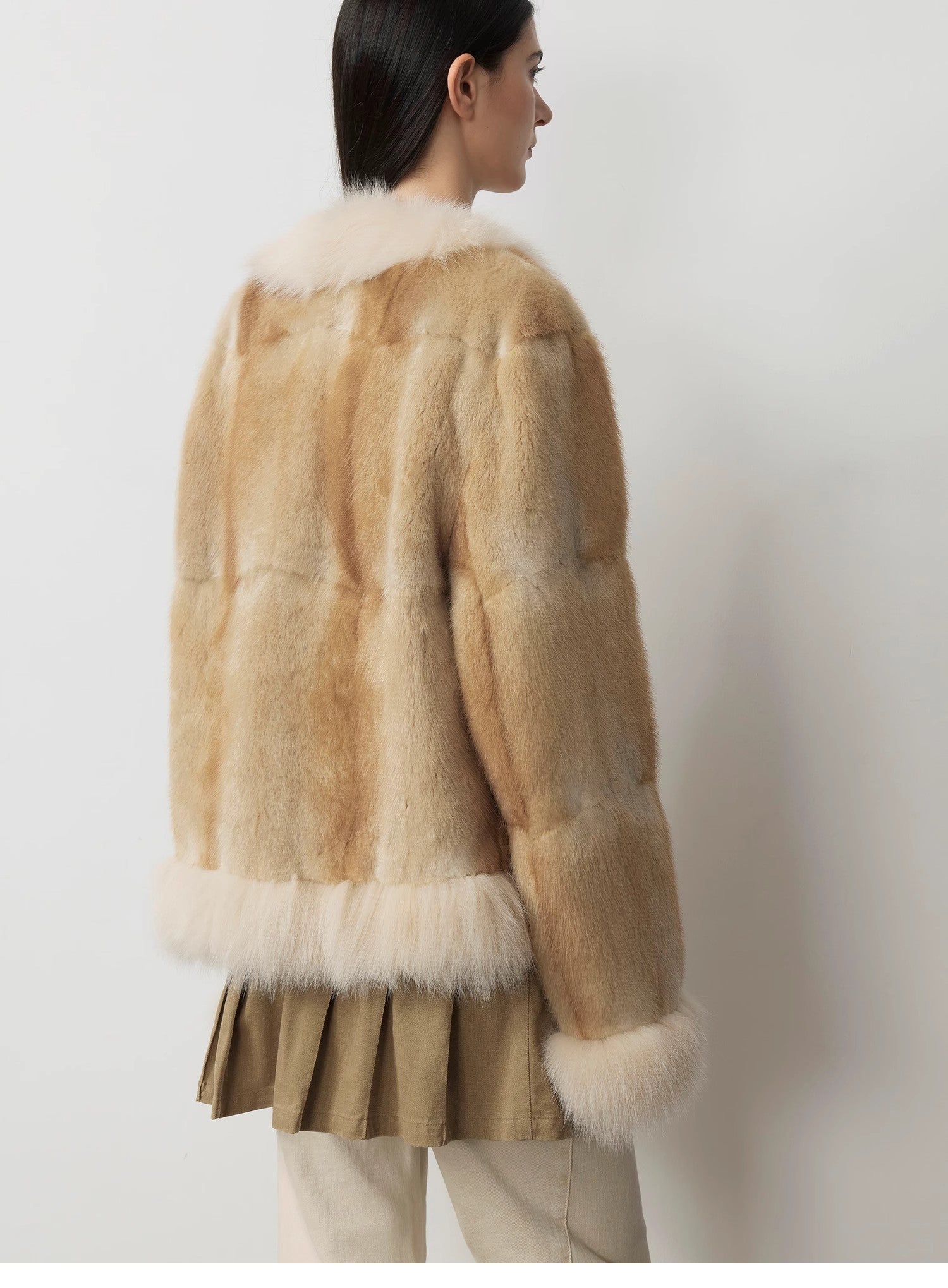 "Casual Gene" Wide Shoulder Straight Fit Blue Mink Fur Patchwork with Contrasting Fox Fur Coat for Women