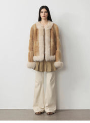 "Casual Gene" Wide Shoulder Straight Fit Blue Mink Fur Patchwork with Contrasting Fox Fur Coat for Women