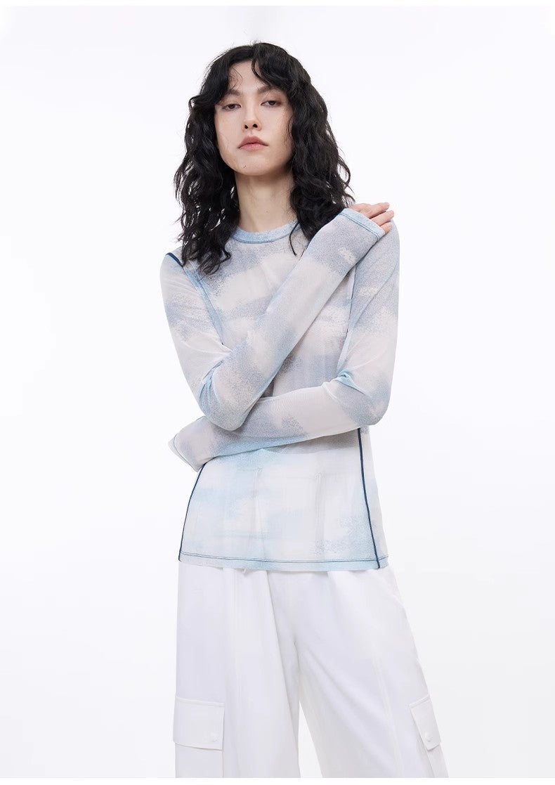 Smudge-printed mesh slightly see-through long-sleeved T-shirt for women