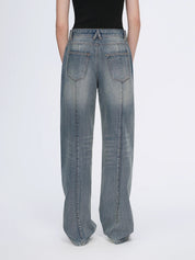 Vintage heavy cotton polyester blended washed comfortable slim front curved jeans