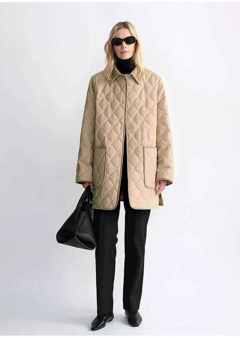 "Diamond Texture" Splicing Lapel 90 White Goose Down Barn Jacket Down Jacket Women