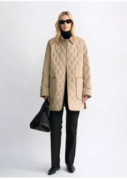 "Diamond Texture" Splicing Lapel 90 White Goose Down Barn Jacket Down Jacket Women