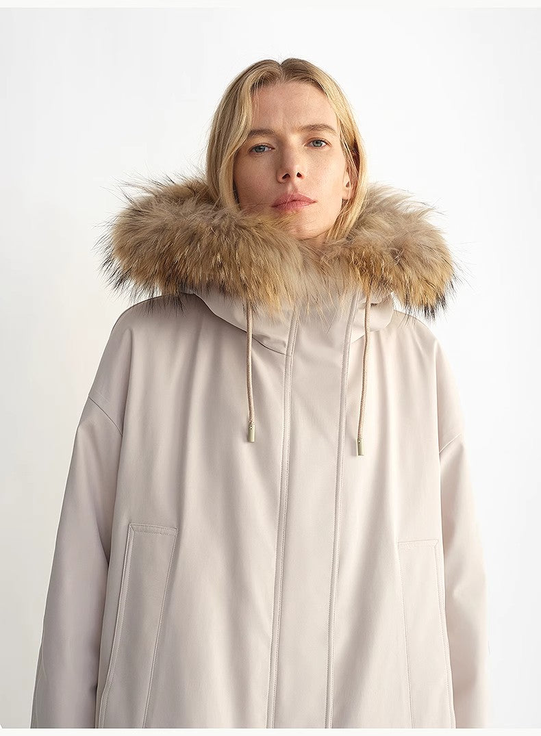 Removable raccoon fur collar 90 white velvet parka women's double zipper coat