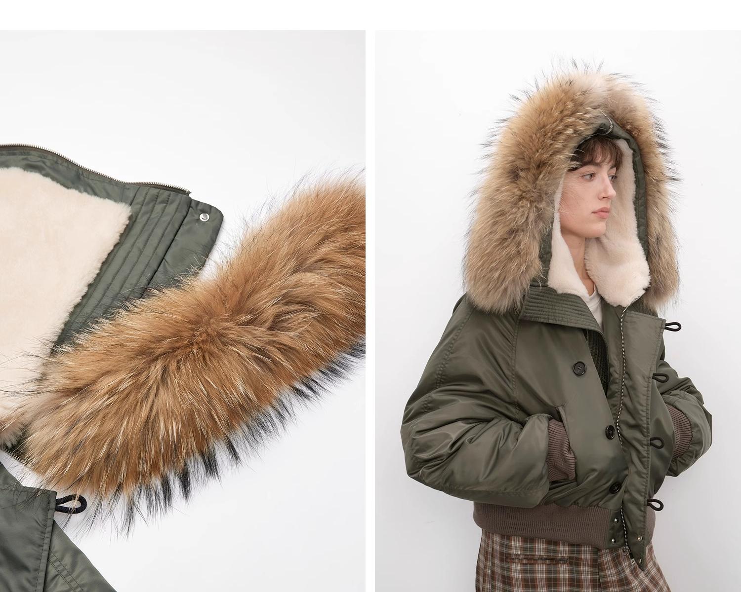 Cool and Sharp, fashionable casual design, warm short style, large hood, raccoon fur collar style jacket