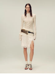 Wool blended texture velvet jacquard oblique shoulder knitted bottoming shirt for women in autumn "Morning Mist White"
