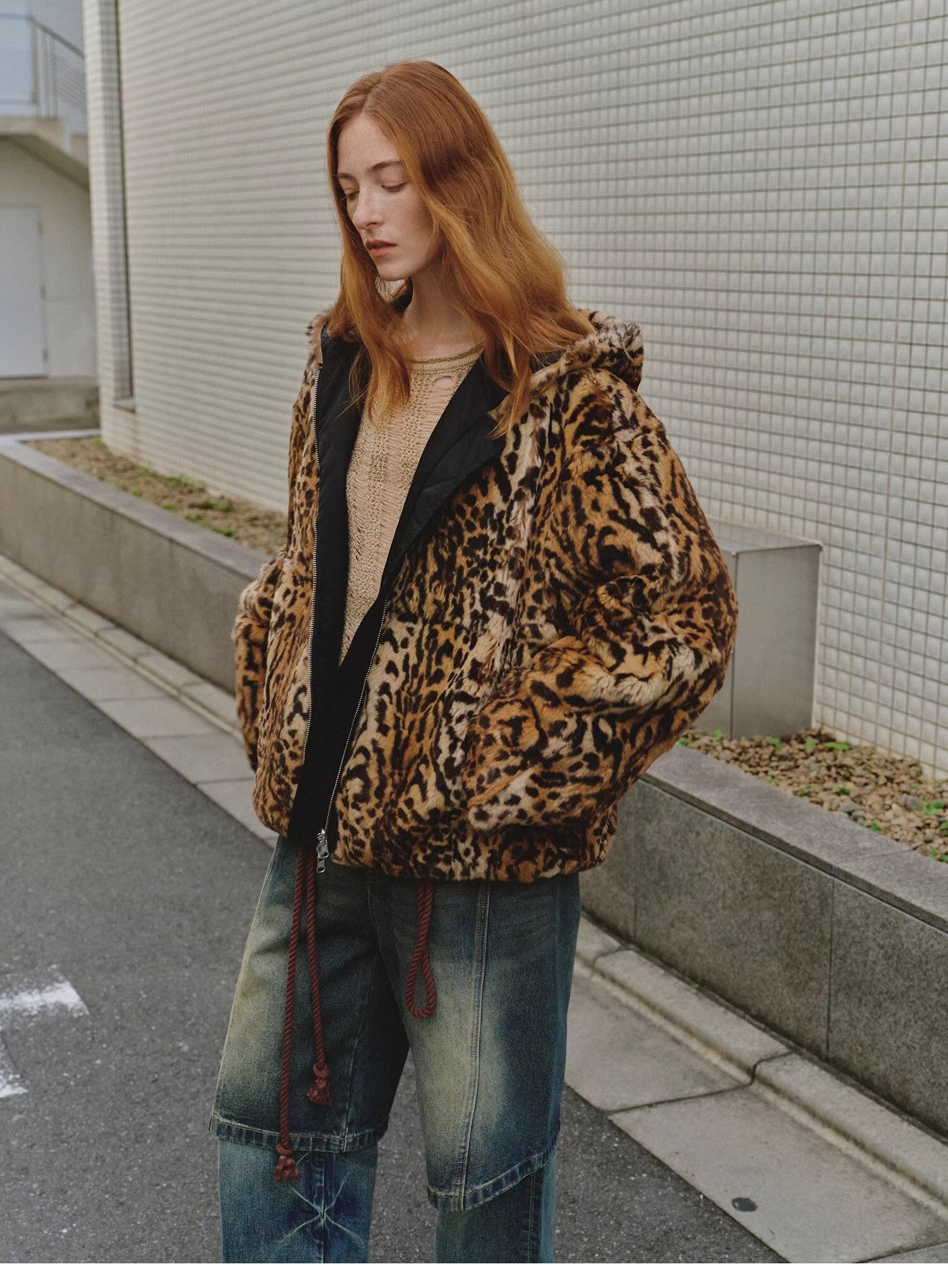 "Leopard Fantasy" Leopard Spot Print Reversible Drop Shoulder Hooded Custom Rabbit Fur Coat