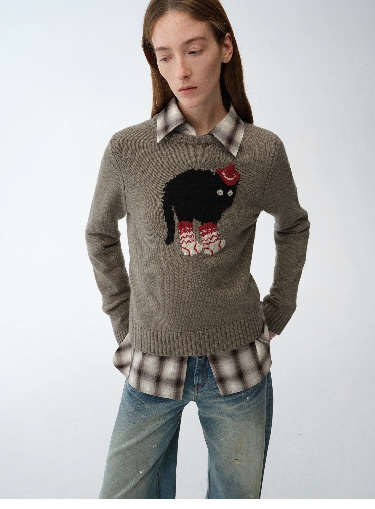 "Bra Anne" Superfine Merino Wool Cotton Blend Animal Jacquard Round Neck Sweater for Women