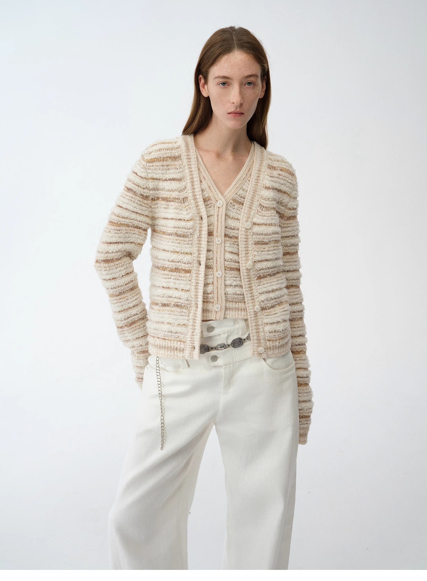 "Nice Weekend" striped mixed woven V-neck early spring layered knitted cardigan top