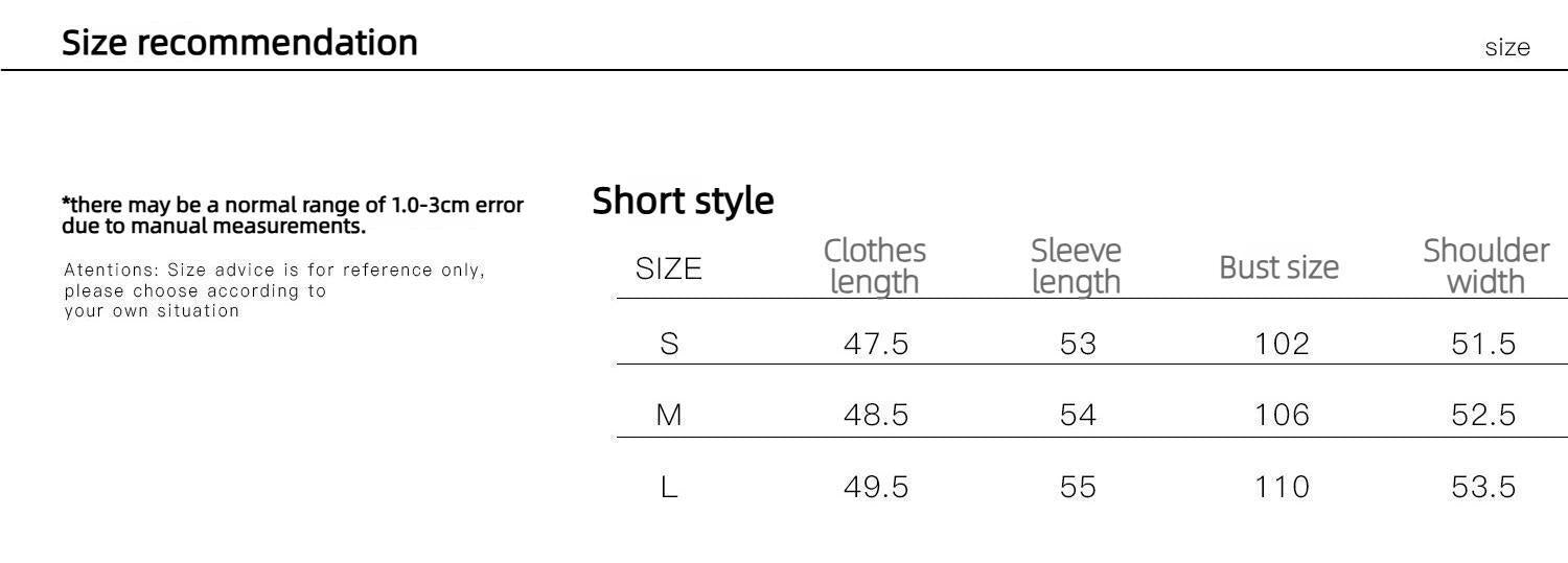 Size recommendation chart for a garment with dimensions listed.