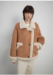 Shepherds Lapel biker wind sheep shearling coat fur coat female