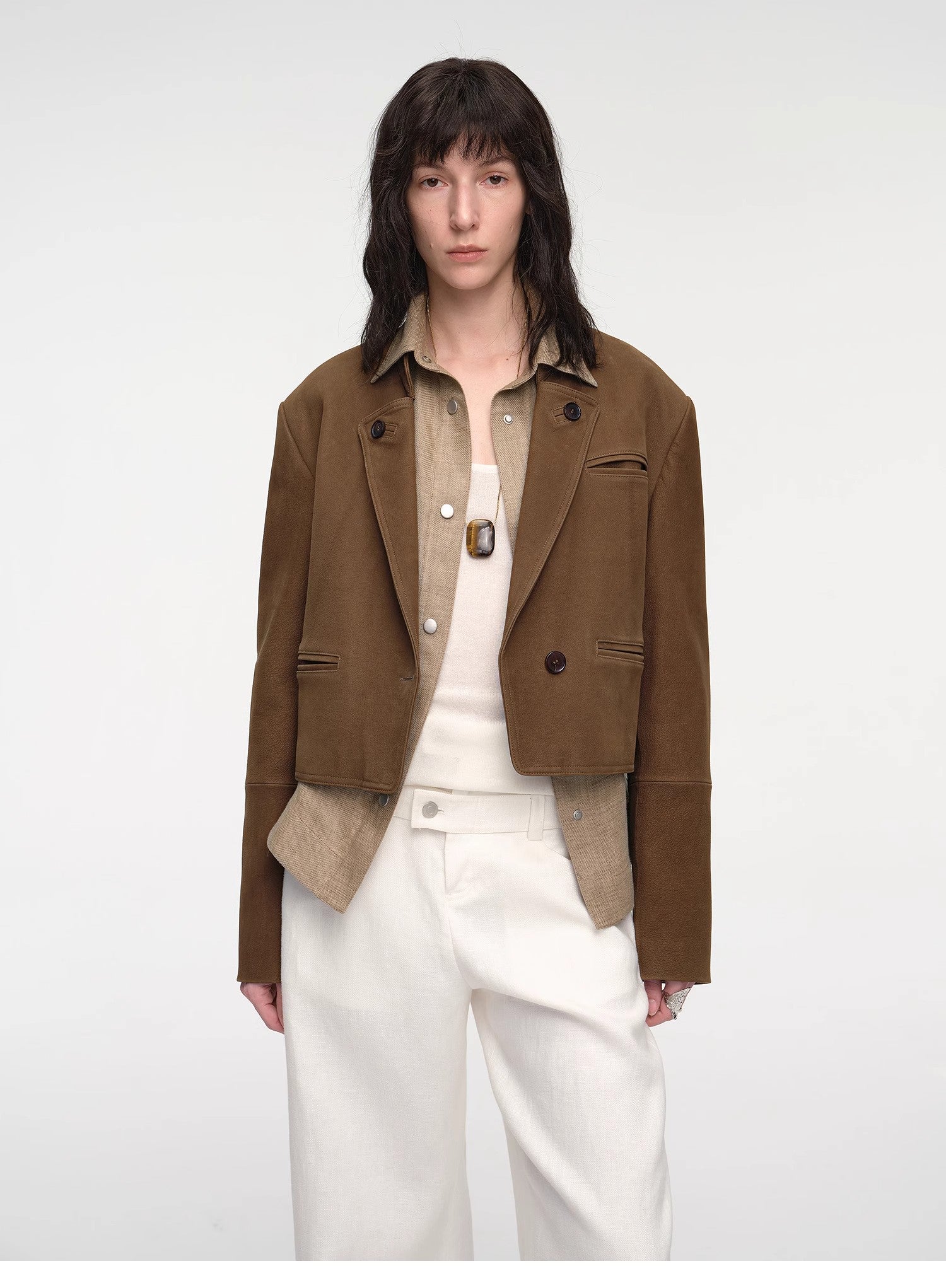 "Roman Story" Stand Collar Suit Sheepskin Leather Short Jacket