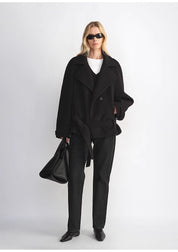 "Warm Cocoon" Italian Herringbone Wool Classic Lapel Micro-coon Short Wool Coat for Women