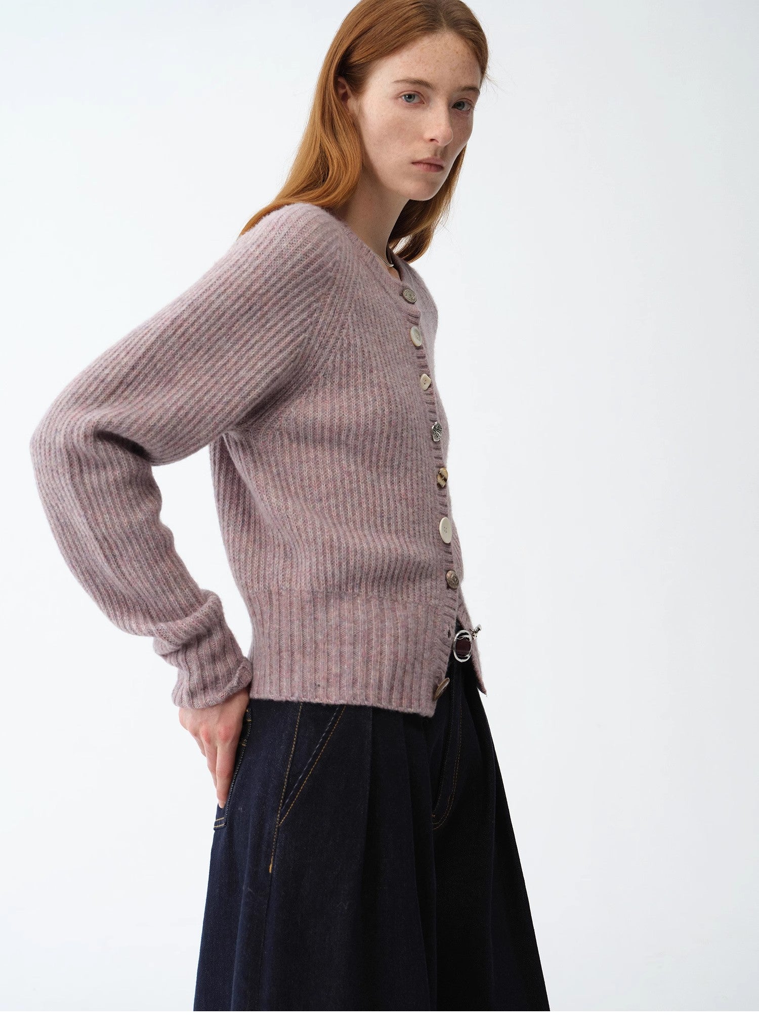 "Hokkaido Weaving Love" wool blend crew neck cardigan top