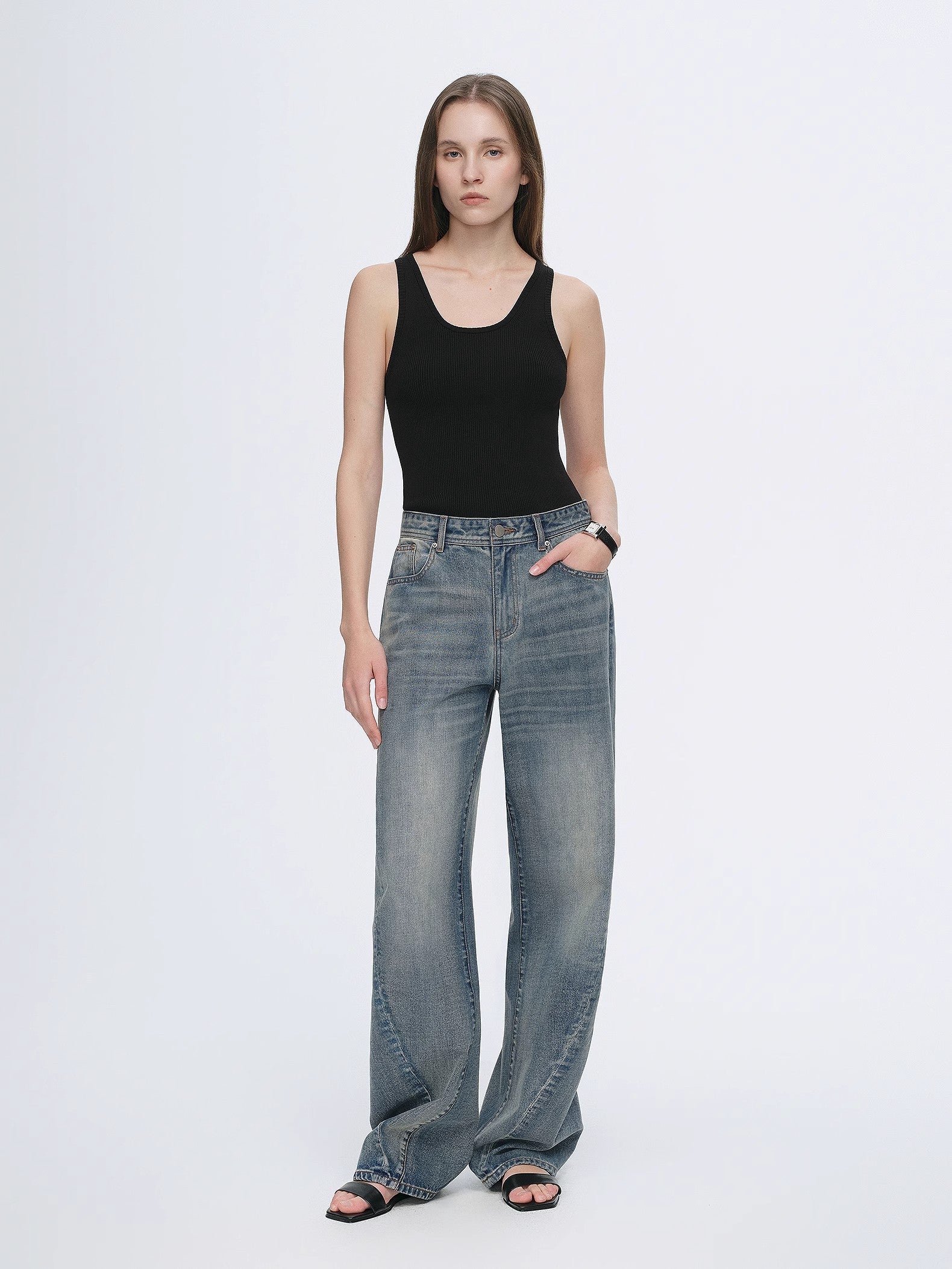 Vintage heavy cotton polyester blended washed comfortable slim front curved jeans