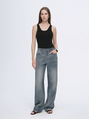 Vintage heavy cotton polyester blended washed comfortable slim front curved jeans