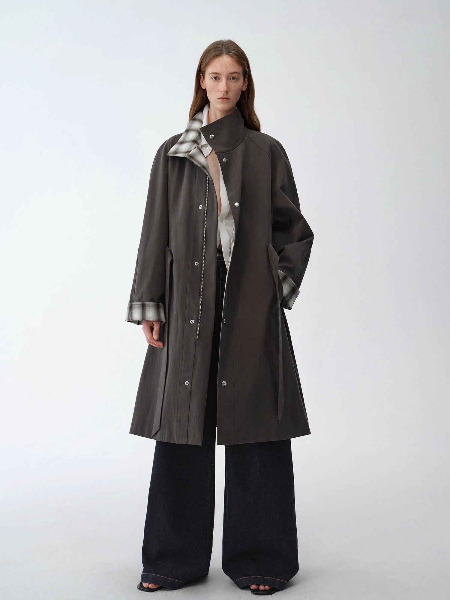 "Urban Island" Retro Plaid Mid-Length Workwear Lapel Trench Coat