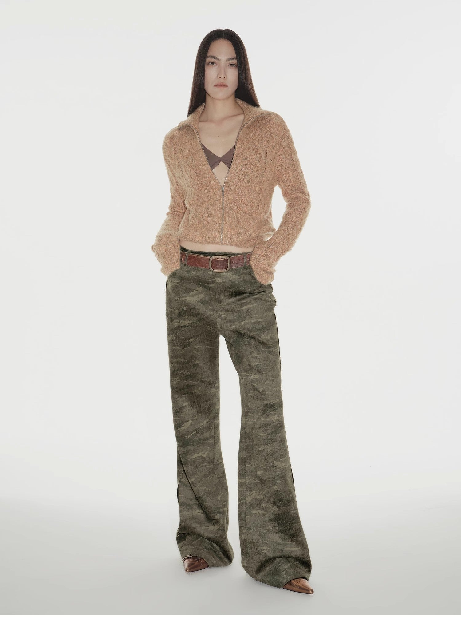 "Green Camouflage"Fashionable and versatile camouflage print chenille suede slim bootcut casual pants