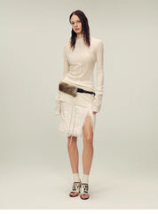 Wool blended texture velvet jacquard oblique shoulder knitted bottoming shirt for women in autumn "Morning Mist White"