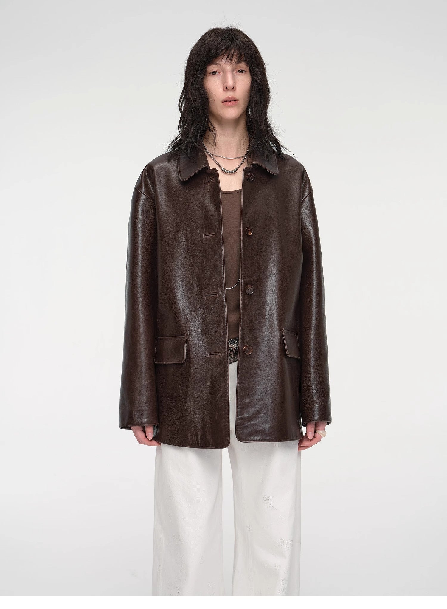 "Fashionable Kuoxi" goatskin simple and versatile retro suit-style leather windbreaker jacket