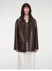 "Fashionable Kuoxi" goatskin simple and versatile retro suit-style leather windbreaker jacket