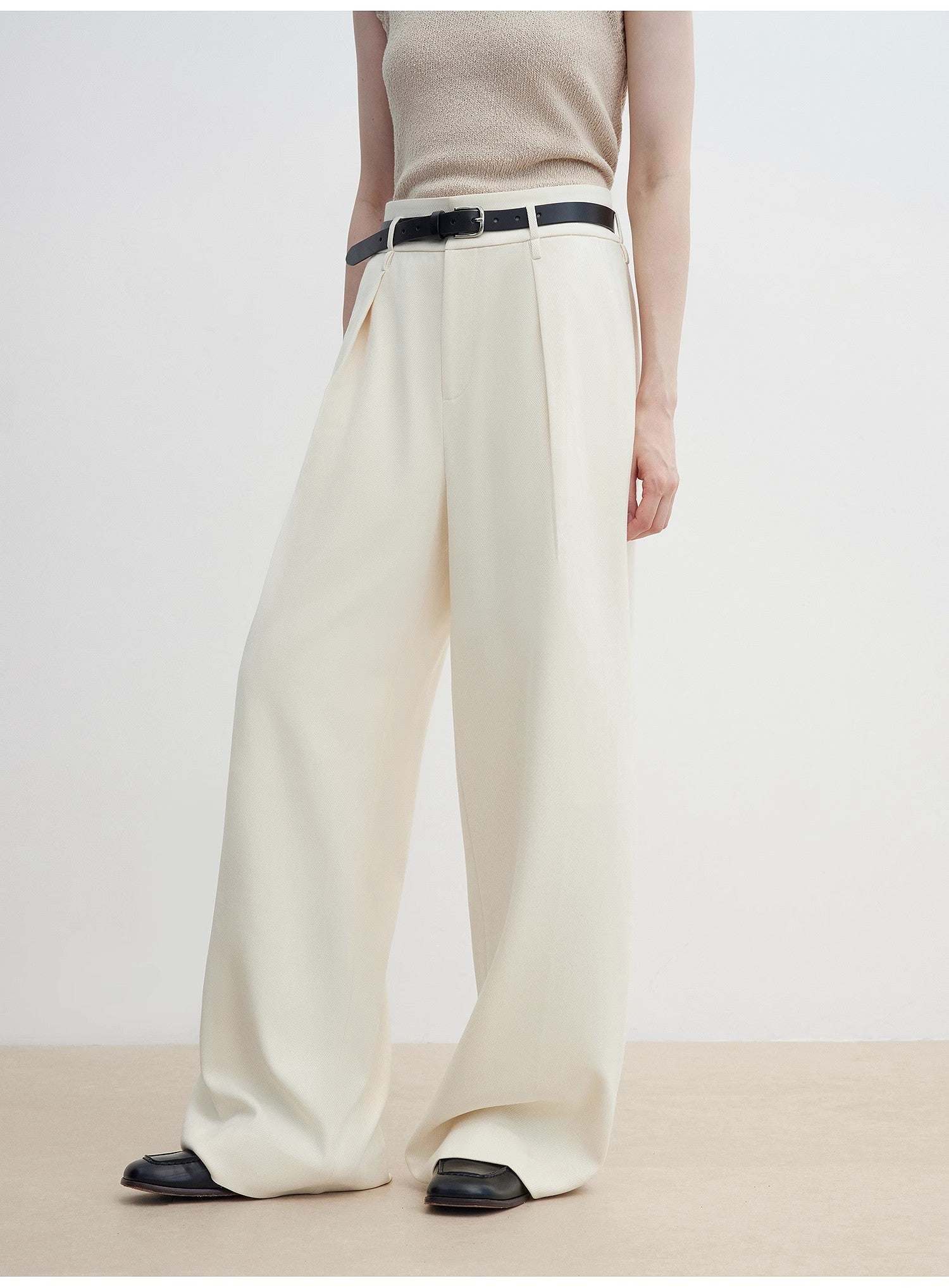 Women's white straight casual wide waist drape floor-length wide leg pants