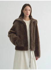 Fireladyfur Women's Shearling Leather Coat | Short Navy Collar Merino Wool Blend“Butter Crisp”