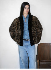 "Multiple Stripes" Retro Personalized Stripe Print Delicate V-Neck Rex Rabbit Fur Jacket