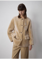 "Retro Time" Merino fur women's winter short round neck fur sheepskin jacket