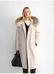 Removable raccoon fur collar 90 white velvet parka women's double zipper coat