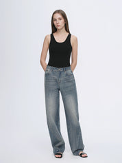 Vintage heavy cotton polyester blended washed comfortable slim front curved jeans