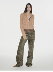 "Green Camouflage"Fashionable and versatile camouflage print chenille suede slim bootcut casual pants