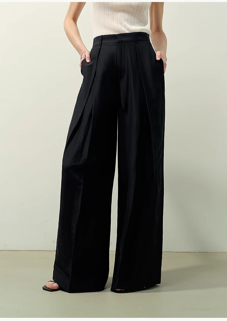 Silk Linen Pleated Wide Leg A-Line Trousers Casual Pants