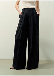 Silk Linen Pleated Wide Leg A-Line Trousers Casual Pants